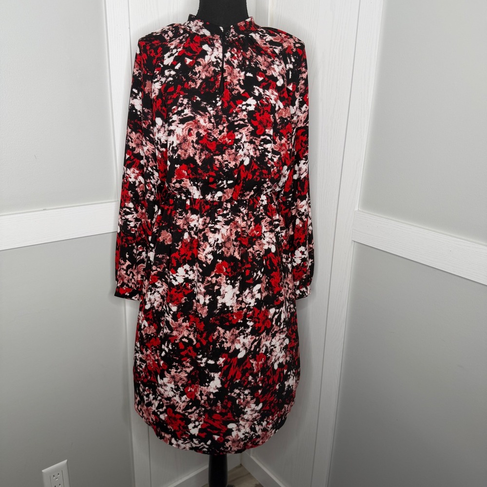 Elizabeth and James Dress Womens Medium Red Black Floral Long Sleeve Midi